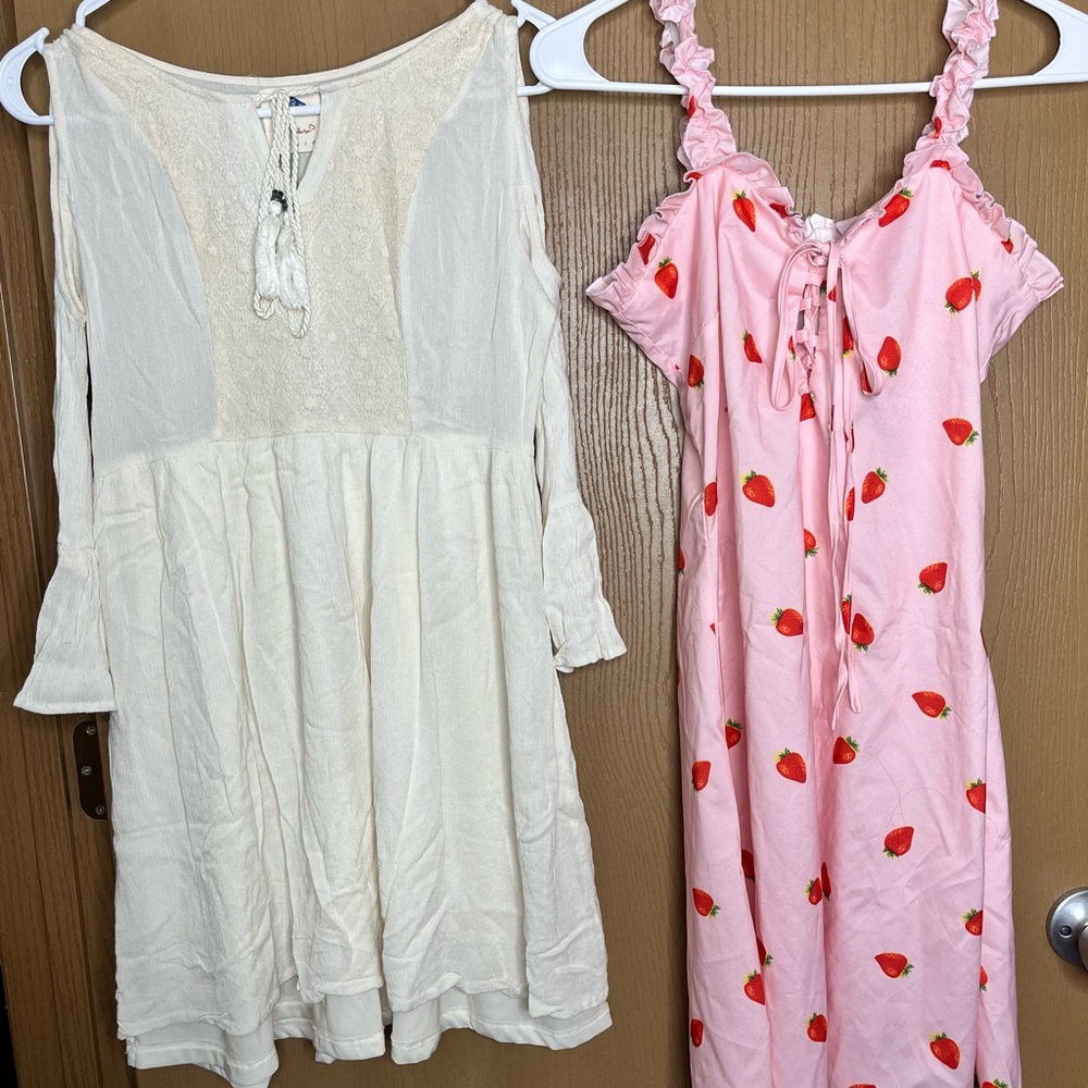 Cream Long Sleeve Dress and Pink Strawberry Dress